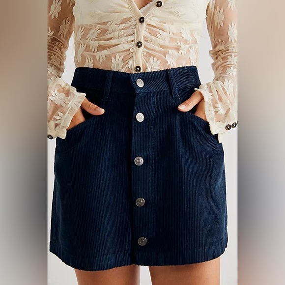Free People Dresses & Skirts - New Free People Dark Teal Blue Button  Front Corduroy Mini Skirt 12